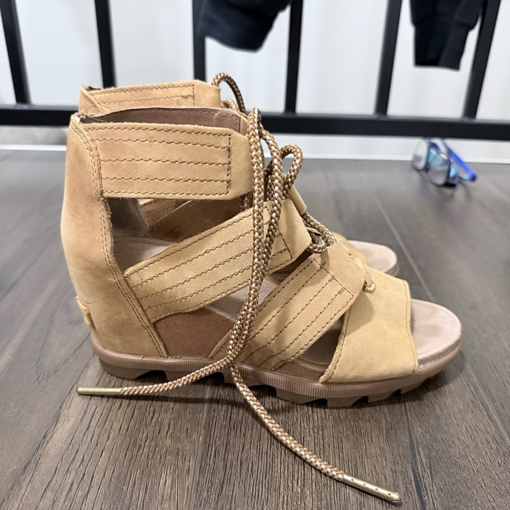 Sorel Tan Lace-Up Wedge Sandals